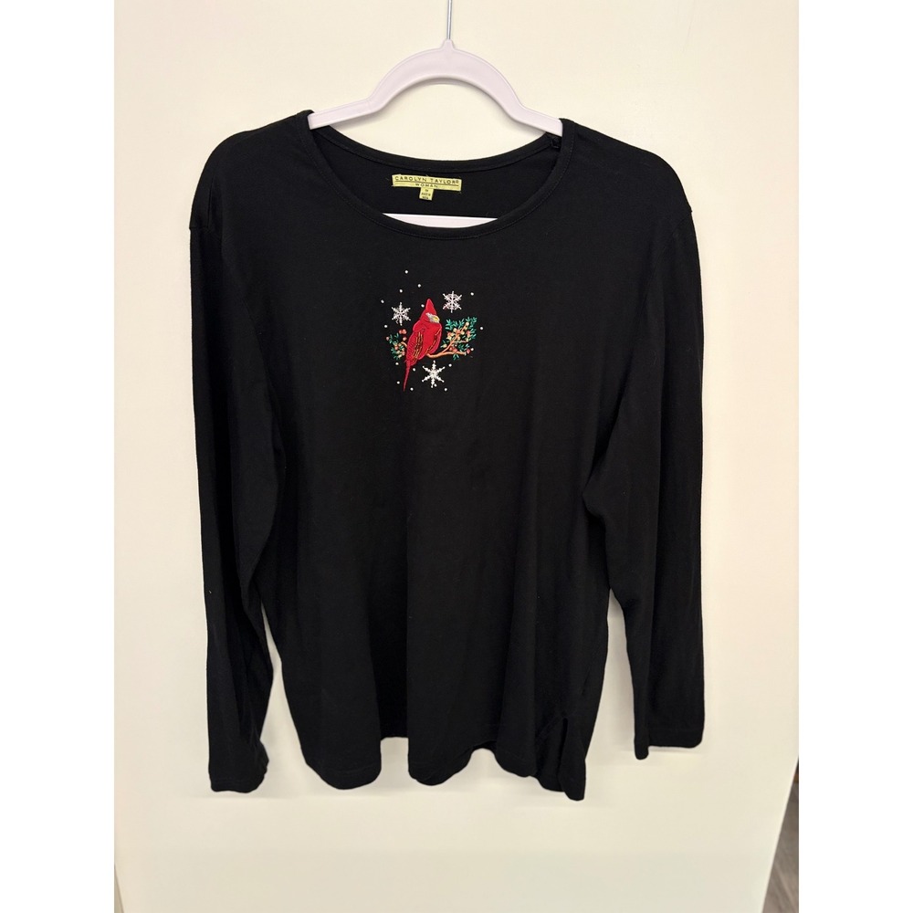 Grandmacore Christmas Festive Holiday Top Cardinal Embroidered  Women 1X Black